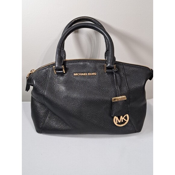 Michael Kors Riley Black Pebbled Leather Handbag Purse Satchel w/ Gold Charm - Picture 1 of 14